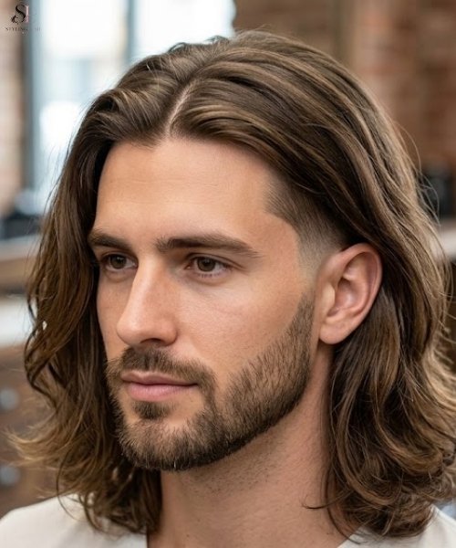 10. Low Taper Fade with Center-Parted Long Hair