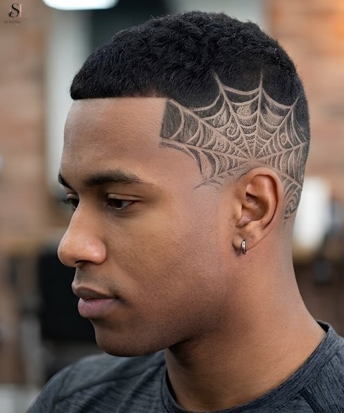 High Taper Fade Spiderweb-Inspired Pattern