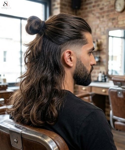 Low Taper Fade with Half-Up Long Hair