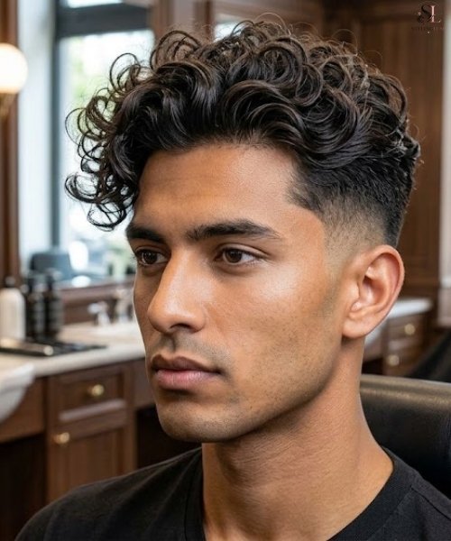 Low Taper Fade with Long Curly Hair
