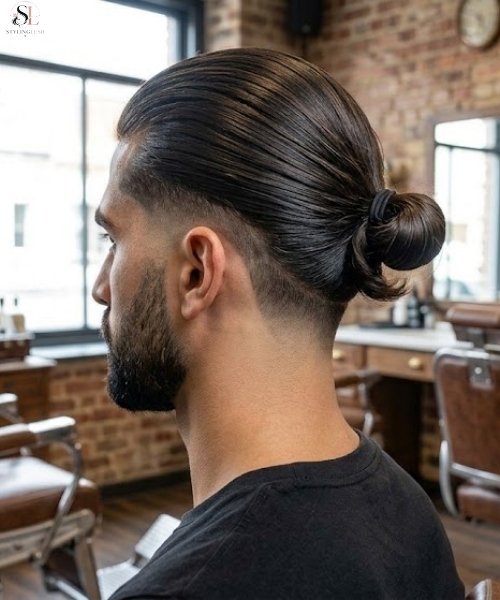 _Low Taper Fade with Slick Back Bun