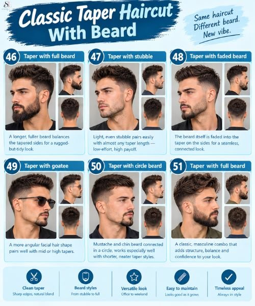 Classic taper haircut with beard