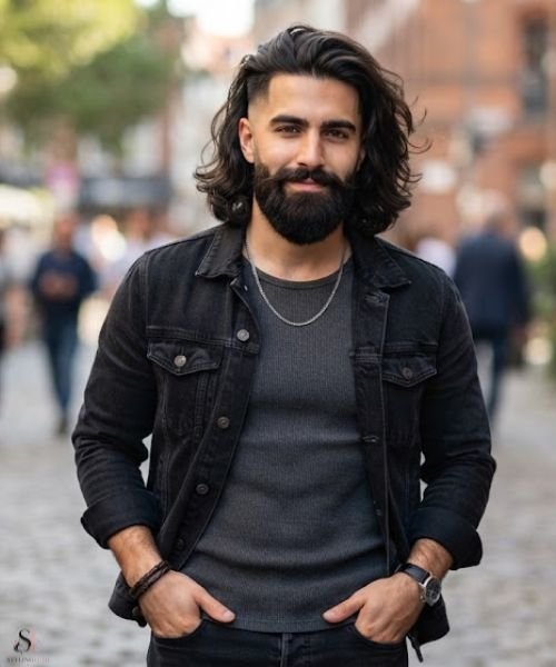 Mid Taper Fade with Long Hair and Beard Combo