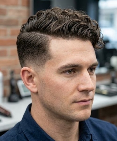 Curly Comb-Over with Low Taper Fade