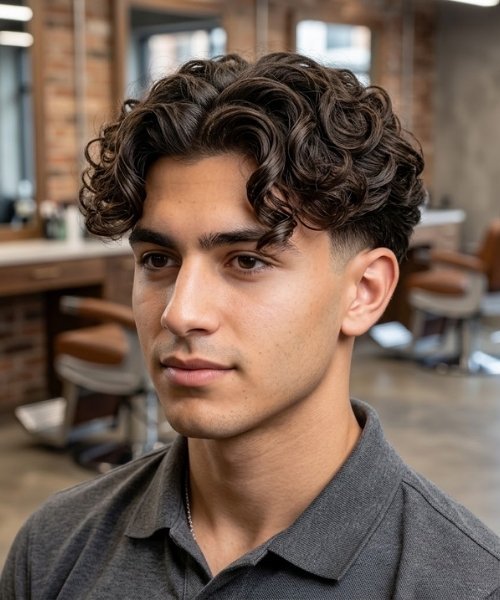 Curly Curtains with Low Taper Fade