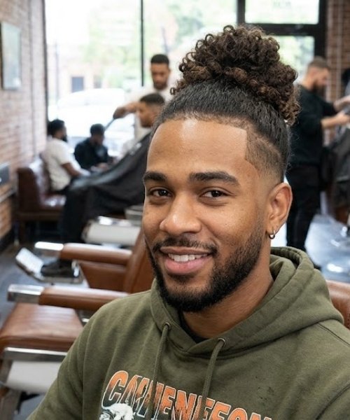 Curly Man Bun with Low Taper Fade