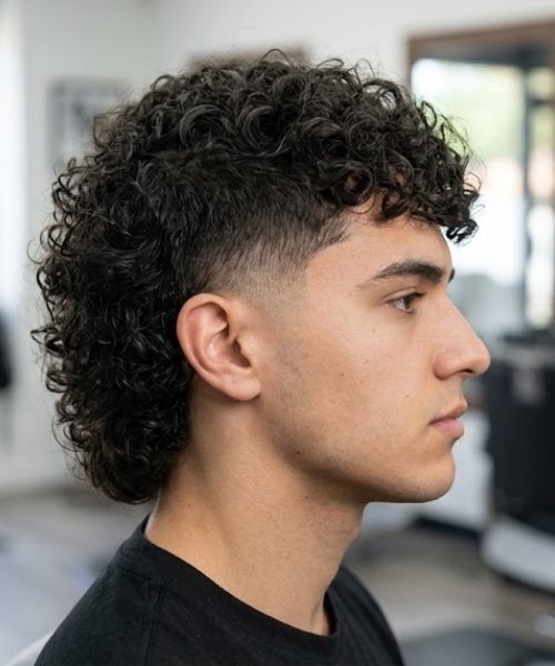 Curly Mullet with Low Taper Fade
