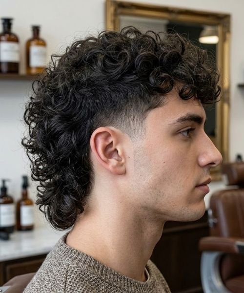_Curly Mullet with Mid Taper Fade