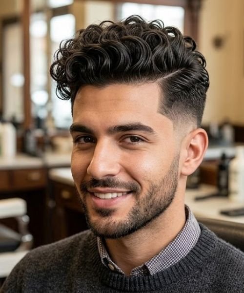 Curly Pompadour with Low Taper
