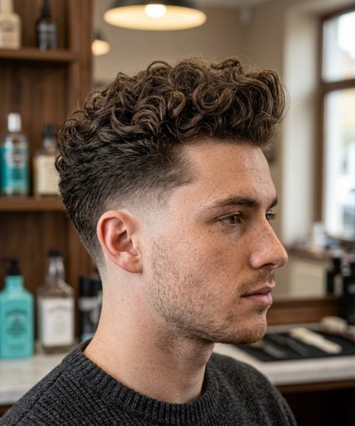 Curly Quiff with Mid Taper Fade