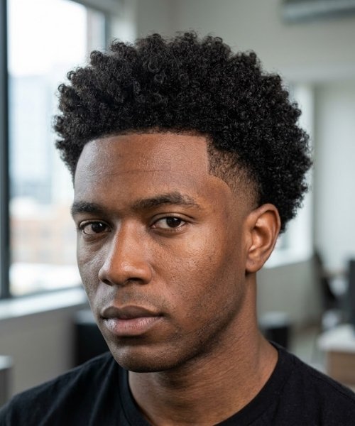 High Taper Fade with Curly Burst-Inspired Shape