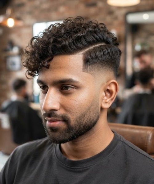 High Taper Fade with Curly Side Part