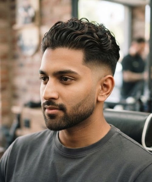High Taper Fade with Curly Slick Back