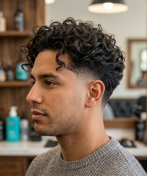 Long Curly Top with Mid Taper Fade