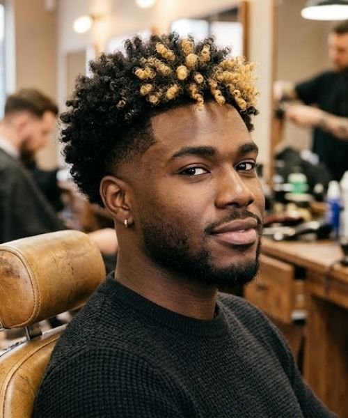 Low Taper Fade with Bleached Curly Tips