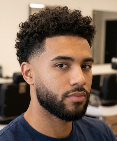 Low Taper Fade with Curls and Beard