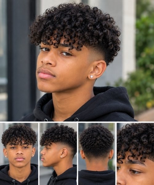 Low Taper Fade with Curly Fringe