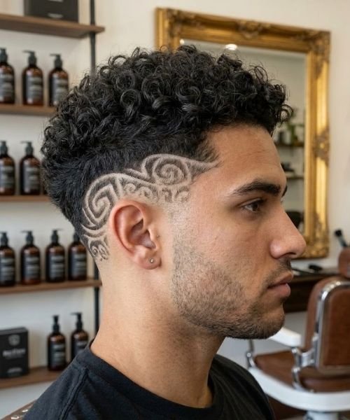 _Mid Taper Fade with Curly Hair Designs and Patterns