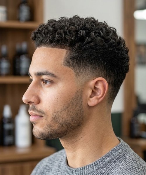 Short Curly Top with Mid Taper Fade