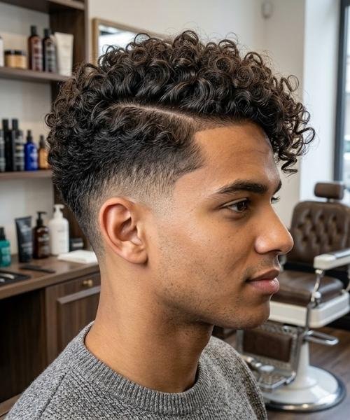 Side Part Curly Mid Taper Fade