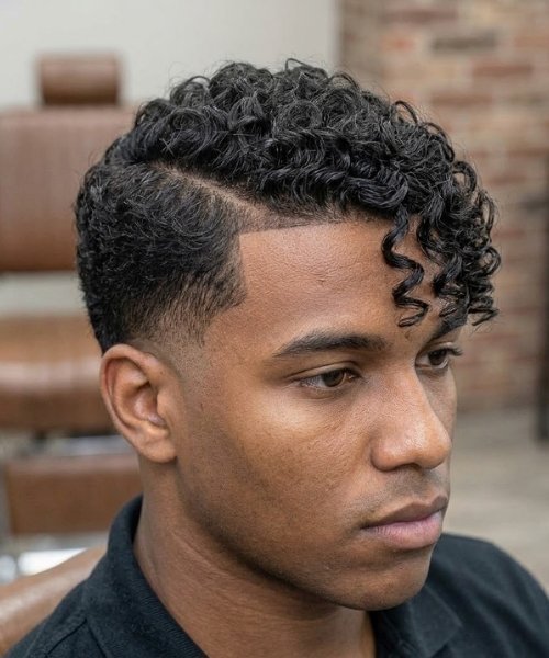 Side-Swept Curly Fringe with Low Taper